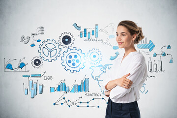 Smiling young woman and gears sketch