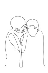 two men are whispering. one line drawing of a man standing close to a friend and whispering in his ear, his friend lowered his head to listen carefully