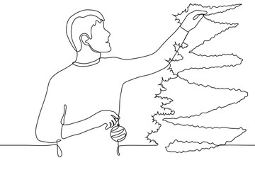 man decorates a Christmas tree. one line drawing of a man's profile decorates a coniferous Christmas tree and holds a round toy in his hand.