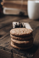Scandinavian hygge styled Christmas composition. Cozy winter homely scene with cookies. Santa Claus working place. Flatlay. Home decor.