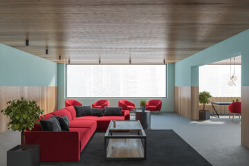 Blue and wooden living room interior