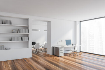 Office room mock up copy space white room with table, armchairs near window