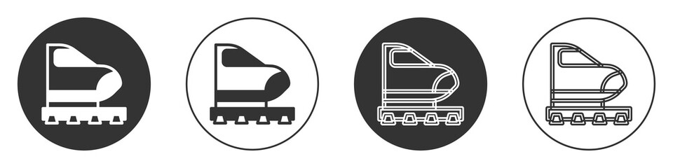 Black High-speed train icon isolated on white background. Railroad travel and railway tourism. Subway or metro streamlined fast train transport. Circle button. Vector.