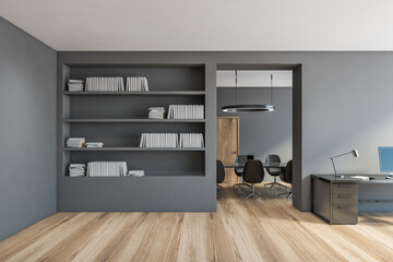 Fototapeta premium Office minimalist room, grey bookshelf and open space with wooden floor