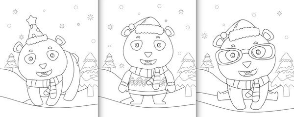coloring book with cute panda christmas characters