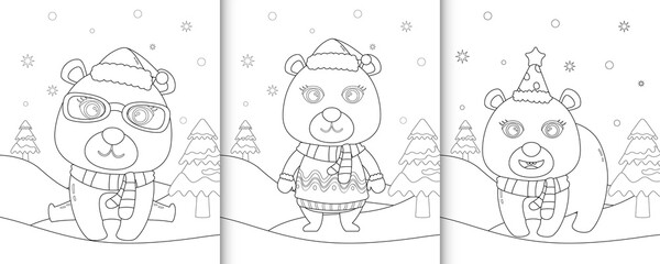 coloring book with cute polar bear christmas characters