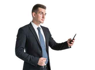 Serious businessman with smartphone, isolated