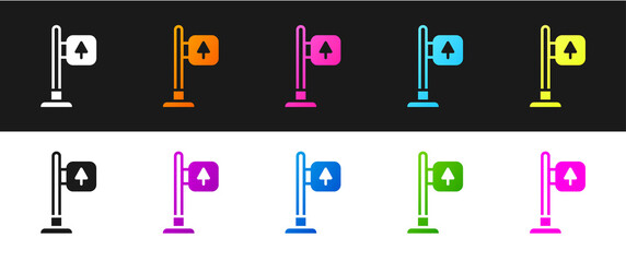 Set Road traffic sign. Signpost icon isolated on black and white background. Pointer symbol. Street information sign. Direction sign. Vector.