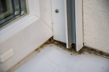 dirty windowsill with dirt in the corners