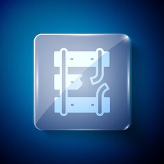 White Broken or cracked rails on a railway icon isolated on blue background. Square glass panels. Vector.