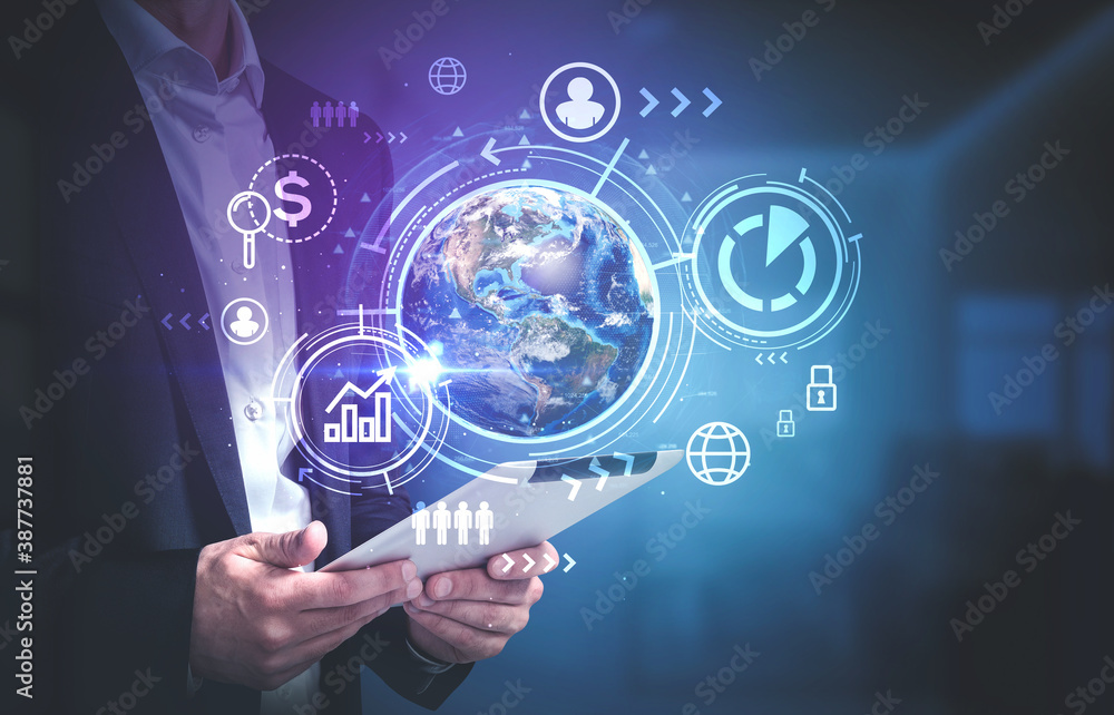 Poster man with tablet in office, map and graph