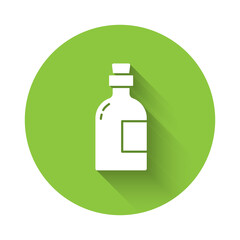 White Alcohol drink Rum bottle icon isolated with long shadow. Green circle button. Vector.