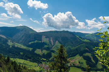Stafnova village with hills above from Boboty hill in Mala Fatra mountains in Slovakia