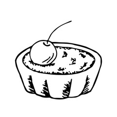 Simple hand-drawn vector drawing in black outline. Tartlet with filling, cream, cherry isolated on a white background. Dessert, cake. For label design, baked goods, products.