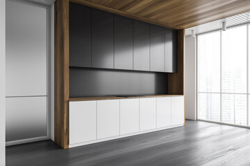 Fototapeta premium Panoramic gray kitchen corner with cupboards