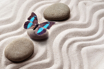 zen tuin meditatie stenen achtergrond en vlinder met stenen en lijnen in zand voor ontspanning balans en harmonie