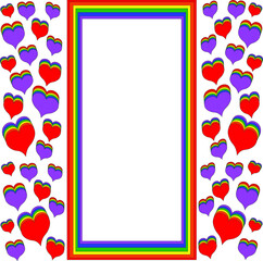 LGBT-themed area with a white Mock-up sheet in a rainbow frame. Hearts of different colors-red, orange, yellow, green, blue, purple. Psychedelic vector graphics. Greeting card