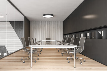 Conference room with black chairs and glass table, wooden floor with black walls