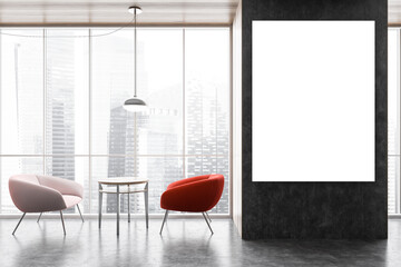Mockup on black wall in office interior, two chairs with coffee table with view on the city