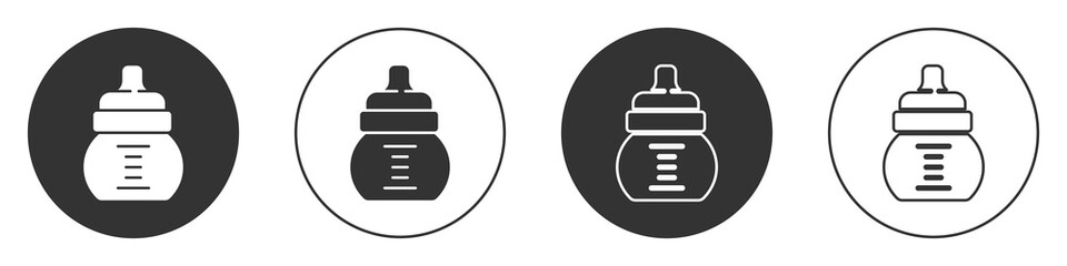 Black Baby bottle icon isolated on white background. Feeding bottle icon. Milk bottle sign. Circle button. Vector.