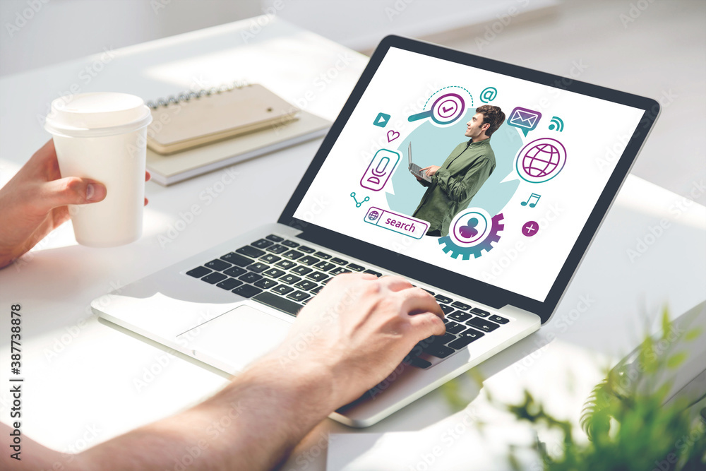 Poster man using laptop with man and network icons