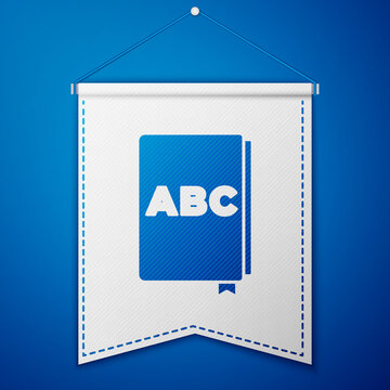 Blue ABC book icon isolated on blue background. Dictionary book sign. Alphabet book icon. White pennant template. Vector.