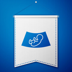 Blue Ultrasound of baby icon isolated on blue background. Fetus. White pennant template. Vector.