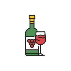 Wine bottle and glass color line icon. Alcoholic beverages.