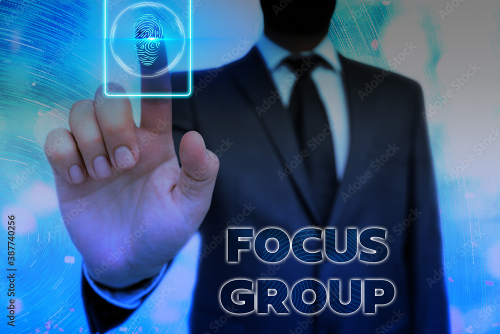 Poster conceptual hand writing showing focus group. concept meaning showing assembled to participate in dis