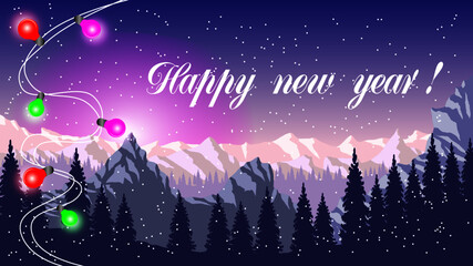 Fototapeta na wymiar new year banner, mountain landscape, hanging garland and falling snow