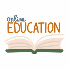 Online education. open book, e-learning, internet tutorial and webinar, knowledge and education concept. Colorful cartoon doodle isolated illustration
