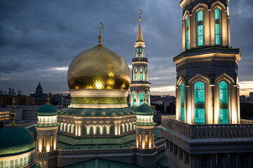 Fototapeta na wymiar Unusual aerial view of Moscow Cathedral Mosque illuminated in the evening