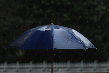 Raindrops falling on a blue umbrella on a rainy day. Blurred background