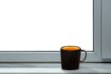Front view coffee cup on window isolated on white background