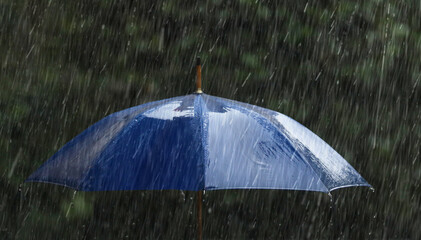 Raindrops falling on a blue umbrella on a rainy day. Blurred background