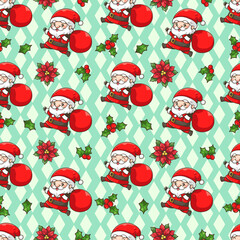 Chriatmas seamless pattern of Santa Claus carrying a gift bag. Cute cartoon element such as little santa, christmas berry, leaves and flower christmas, Diamond pattern and green background.