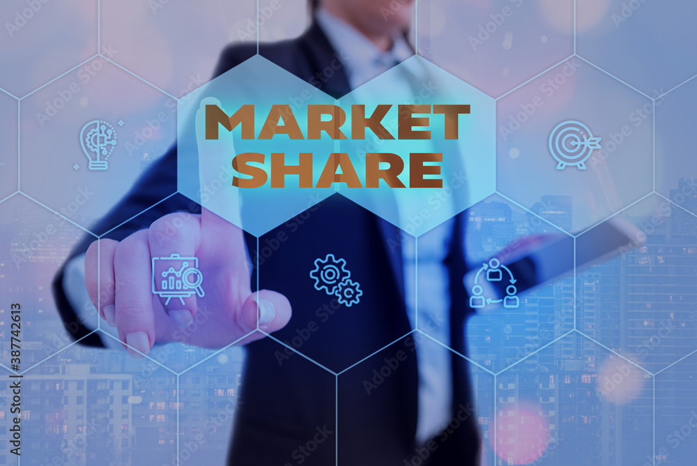 Poster text sign showing market share. business photo showcasing the portion of a market controlled by a pa