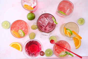 cocktails selection with lemonade and vodka on white background