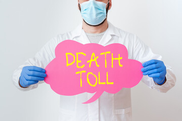 Text sign showing Death Toll. Business photo showcasing the number of deaths resulting from a...