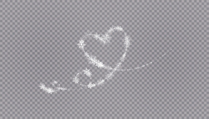Heart shaped snowflakes in a flat style in continuous drawing lines. Trace of white dust. Magic abstract background isolated on on transparent background. Miracle and magic. Vector illustration flat