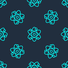 Green line Atom icon isolated seamless pattern on blue background. Symbol of science, education, nuclear physics, scientific research. Vector.