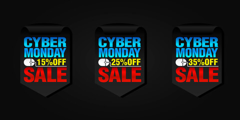 Cyber monday set of sale badges 15%, 25%, 35% off. Vector illustration