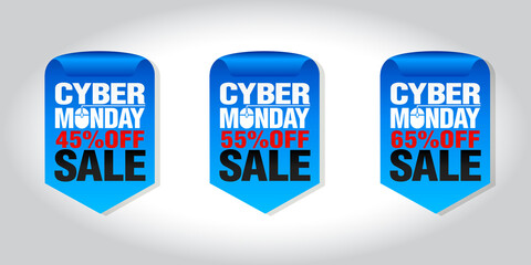 Cyber monday sale set of badges 45%, 55%, 65% off. Vector illustrration