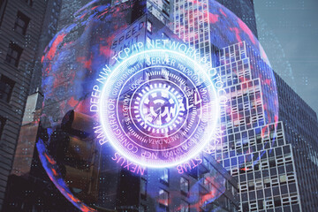 Double exposure of technology theme hologram and cityscape background. Concept of Hightech.