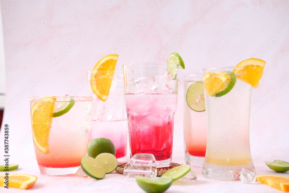 Poster cocktails selection with lemonade and vodka on table background