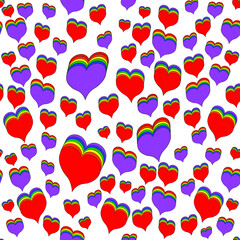 Endless romantic seamless pattern. Lots of colorful hearts in the colors of the LGBT community's rainbow. Congratulations on the holiday of a sex-minority person. Rights protection.Romantic background
