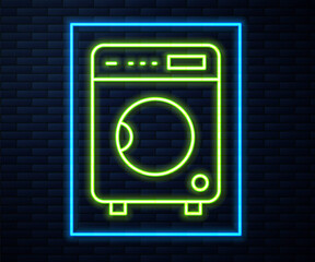 Glowing neon line Washer icon isolated on brick wall background. Washing machine icon. Clothes washer - laundry machine. Home appliance symbol. Vector.