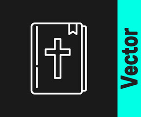 White line Holy bible book icon isolated on black background. Vector.