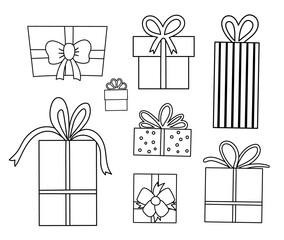 Vector black and white set of cute presents with bows. Funny birthday or Christmas gift boxes collection. Bright holiday illustration for kids. Cheerful celebration coloring page..