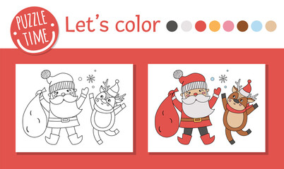 Naklejka premium Christmas coloring page for children. Funny Santa Claus with deer. Vector winter holiday outline illustration with Santa and reindeer. New Year party color book for kids with colored example.